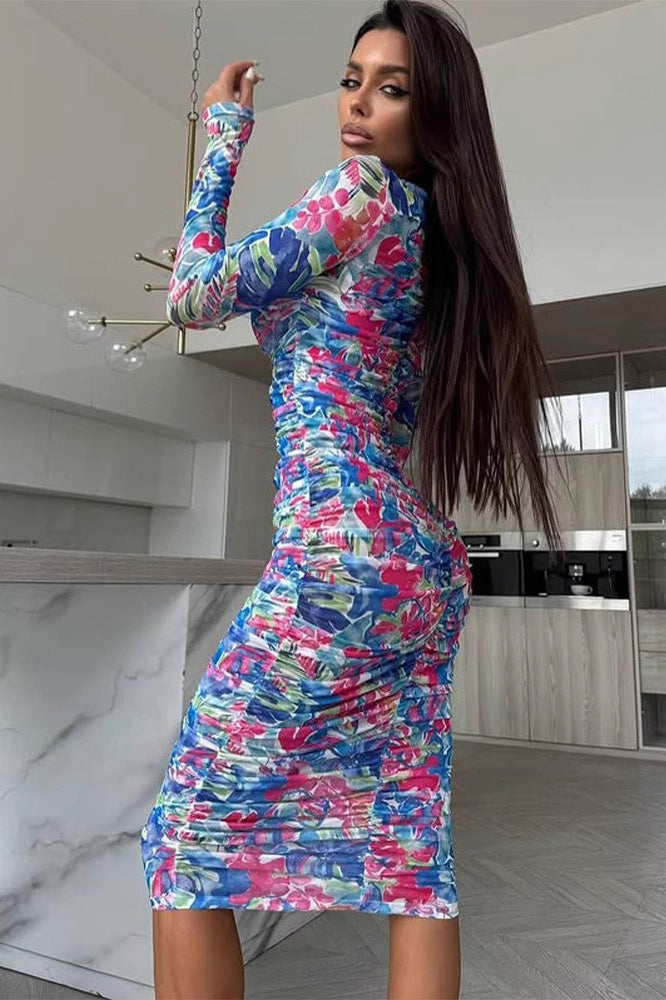 Printed Ruched Long Sleeve Midi Dress