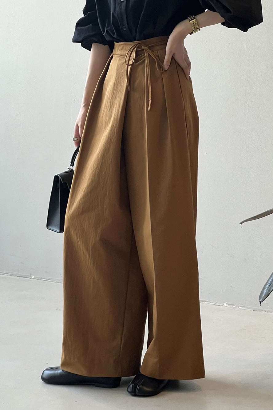 Asymmetrical Placket Tie Relaxed High Waist Long Pants