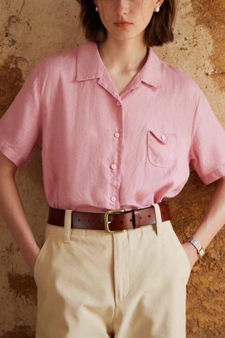 Linen Camp Collar Short Sleeve Blouse