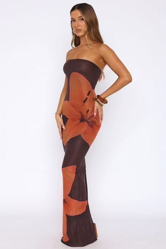 Strapless Large Lily Floral Print Mesh Bodycon Maxi Dress 2