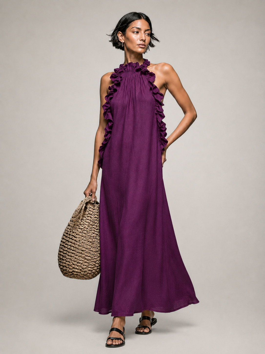 Halter Neck Ruffle Trim Sleeveless Linen Column Maxi Dress 11