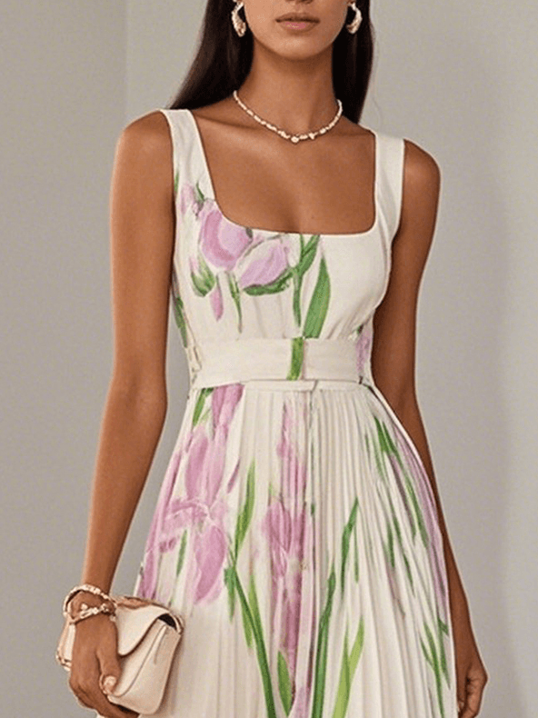 Square Neck Floral Print Sleeveless Pleated A-Line Maxi Dress