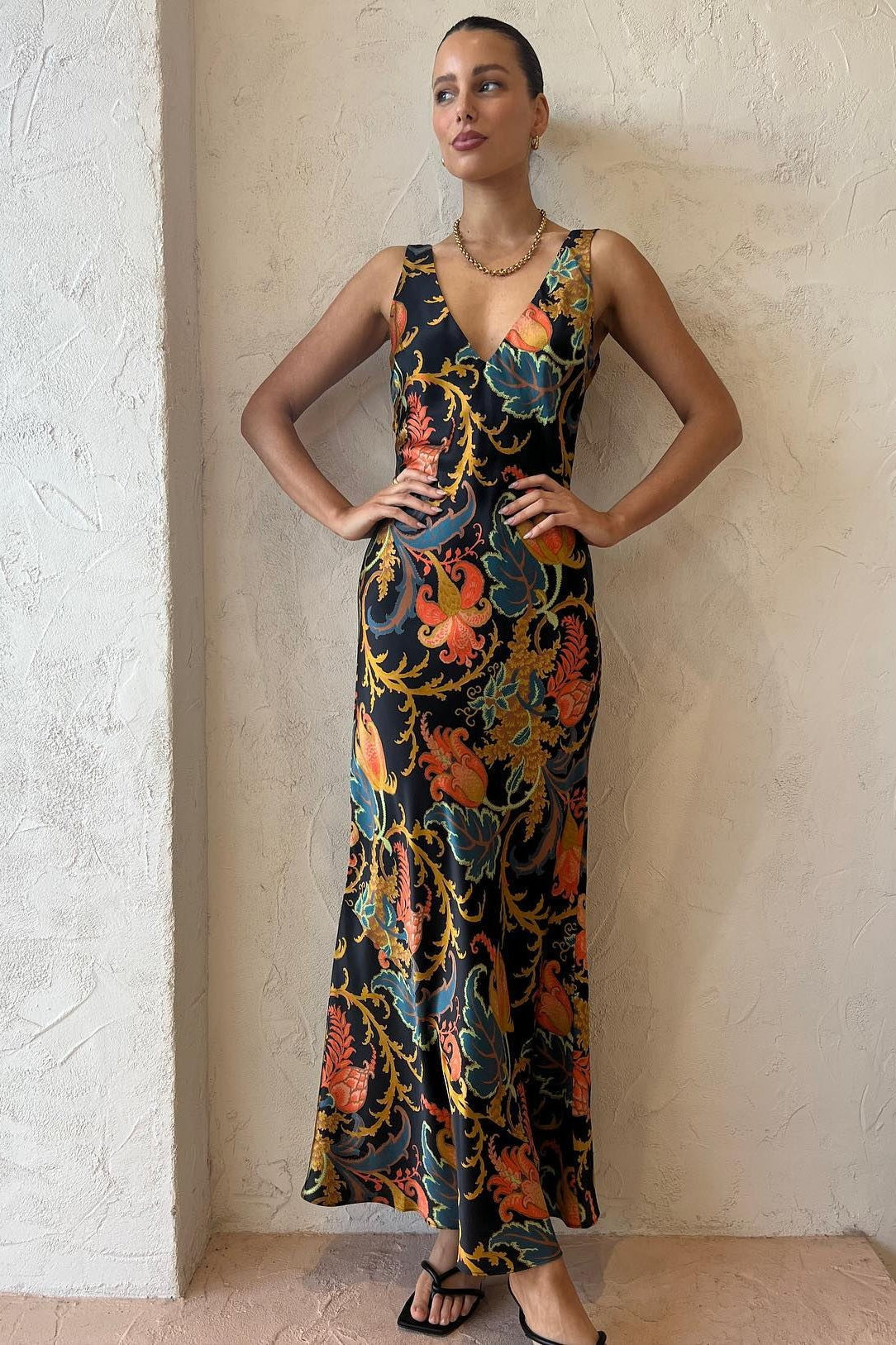 Satin VNeck Floral Maxi Silk Dress