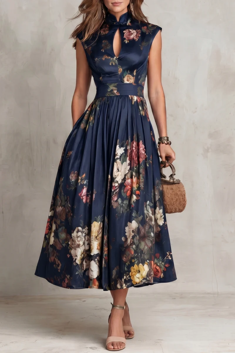Mandarin Collar Keyhole Floral Pleated A-Line Midi Dress 4