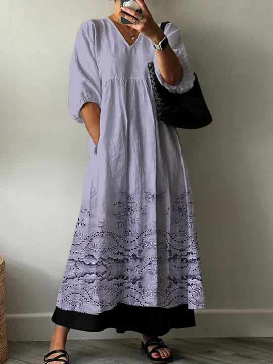 V-Neck Puff Sleeve Eyelet Embroidery Hem A-Line Maxi Dress