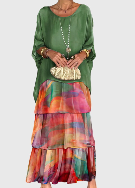 Round Neck Chiffon Batwing Sleeve Layered Tiered Flowy Maxi Dress
