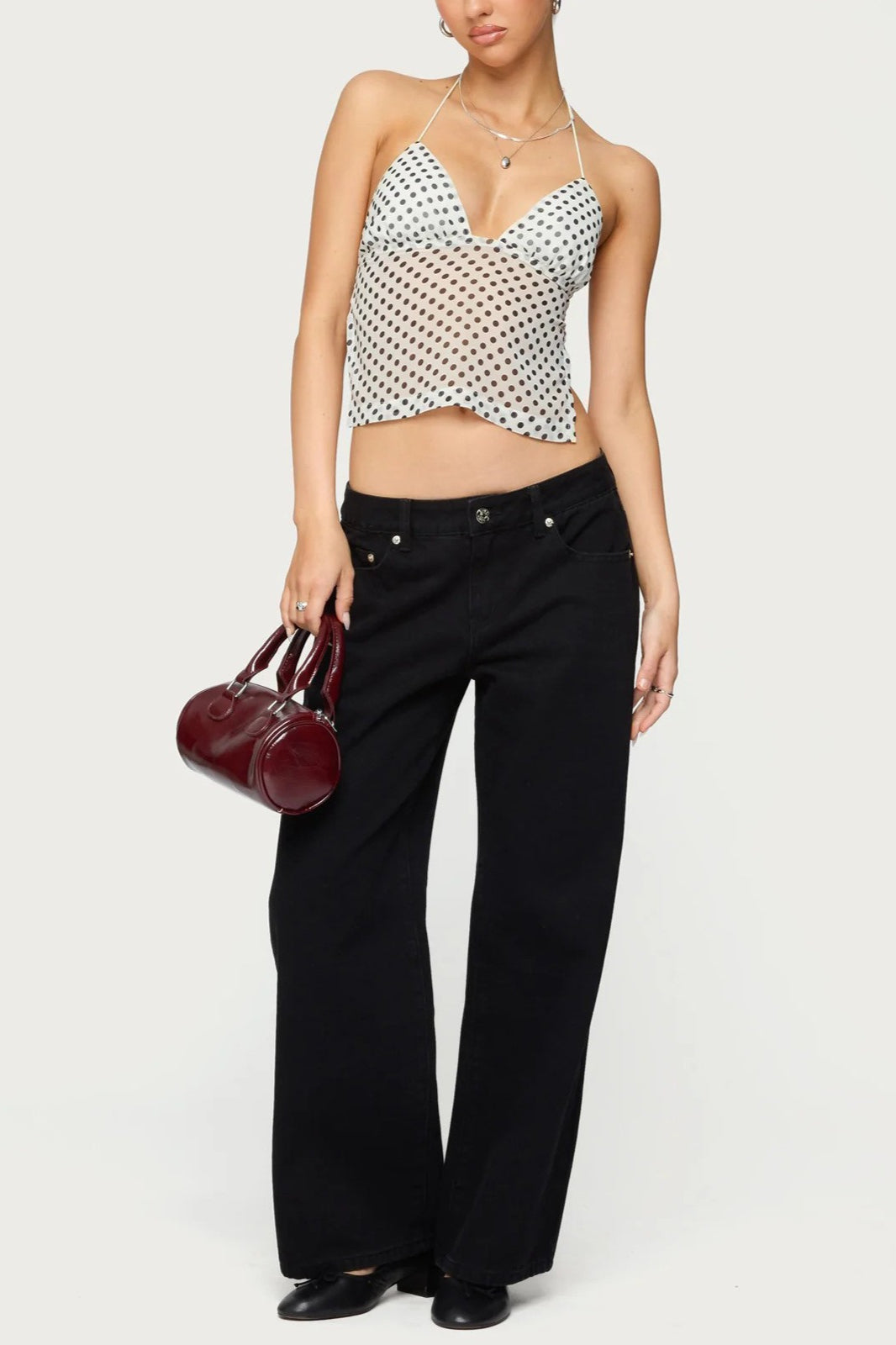 Polka Dot Backless Halter Slim Blouse