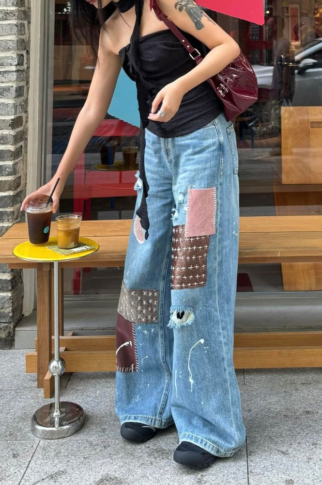 Vintage Washed Paint Splatter Patchwork Ripped Jeans