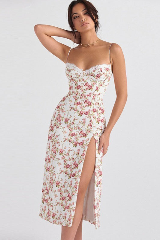 Spaghetti Strap Sweetheart Lace Trim Corset Bodice High Slit Midi Dress 3