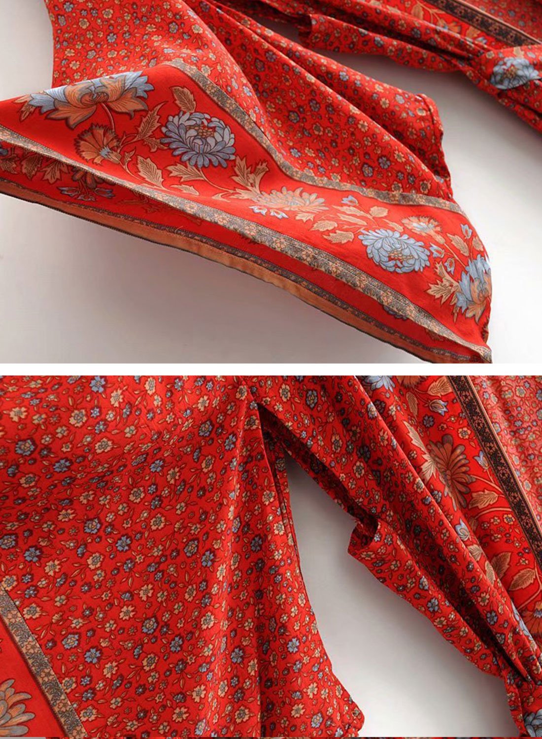 Red Bohemian Floral Border Print Belted Flared Sleeve Long Kimono Robe