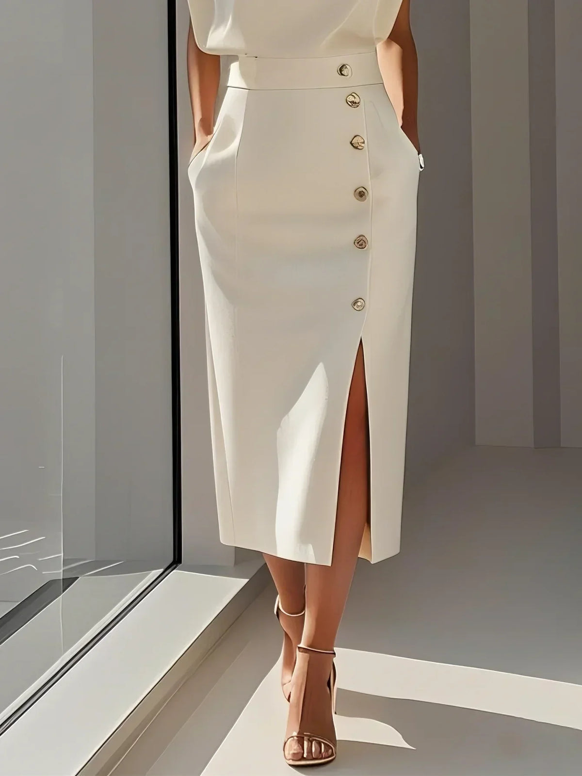Round Neck Sleeveless Button Slit Sheath Midi Dress