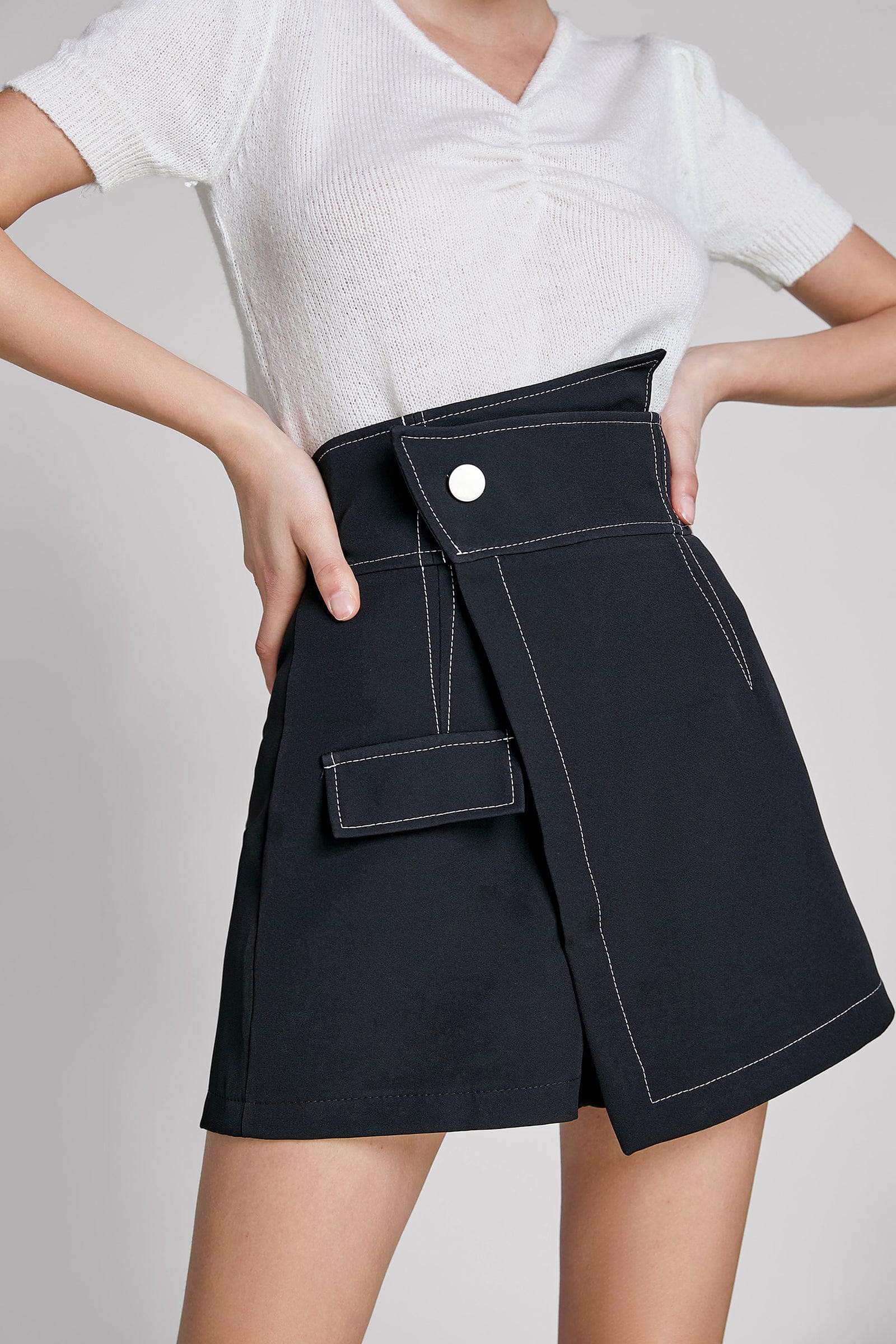 Black Stitching Detail Faux-Wrap Shorts