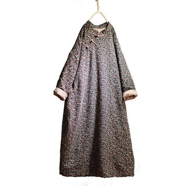 Vintage Cotton Linen Print Padded Dresses Female 2020 Autumn Winter Dress