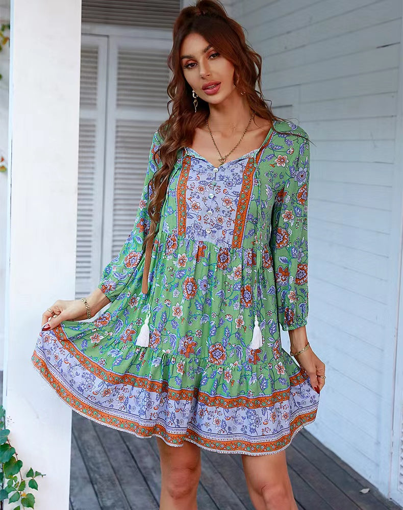 V neck Printed Casual Bohemian Short Dress