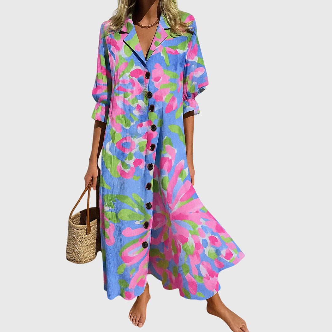 V-Neck Floral Print Button-Front Half Sleeve A-Line Maxi Dress