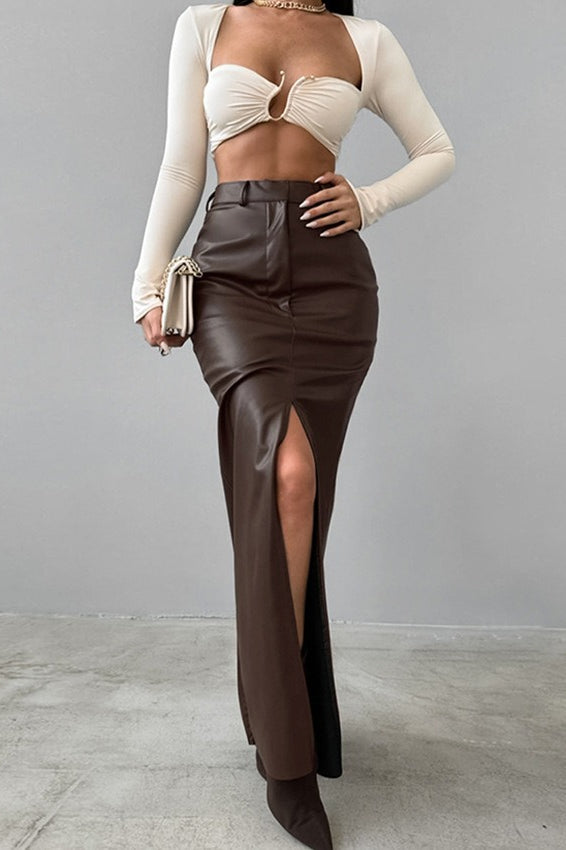 High-Waist Khaki PU Skirt