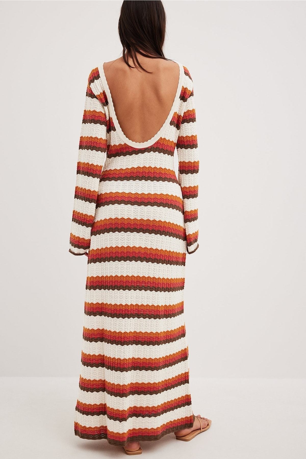 Odalis Boutique Woven Backless Maxi Knit Dress with Zigzag Pattern Chic Silhouette Collection