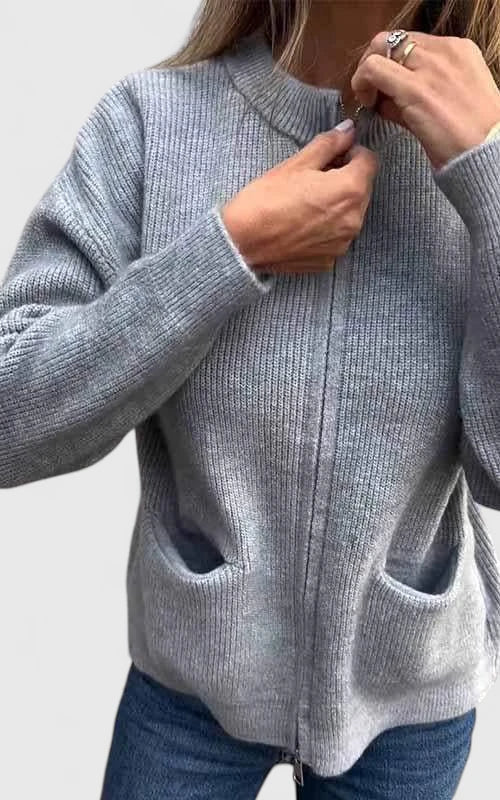 Ribbed Knit Zip-Front Pocket Long Sleeve Bomber Jacket