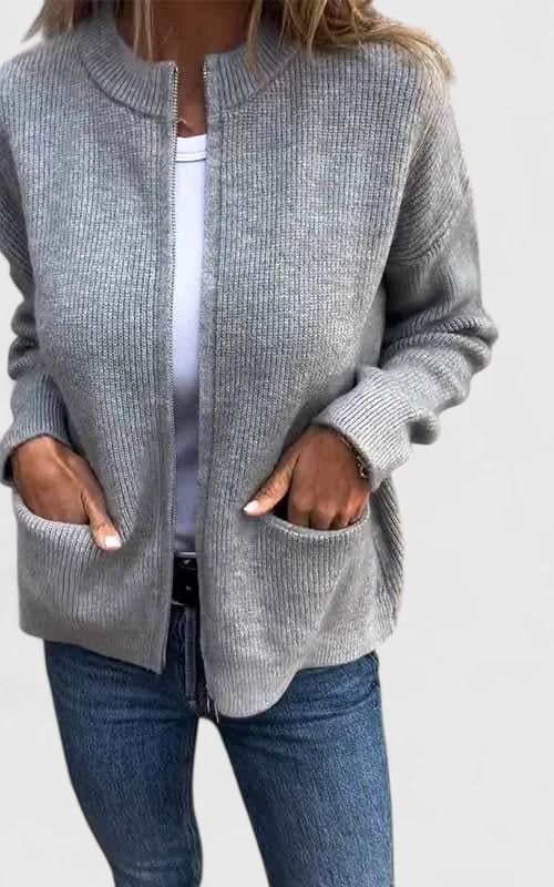 Ribbed Knit Zip-Front Pocket Long Sleeve Bomber Jacket
