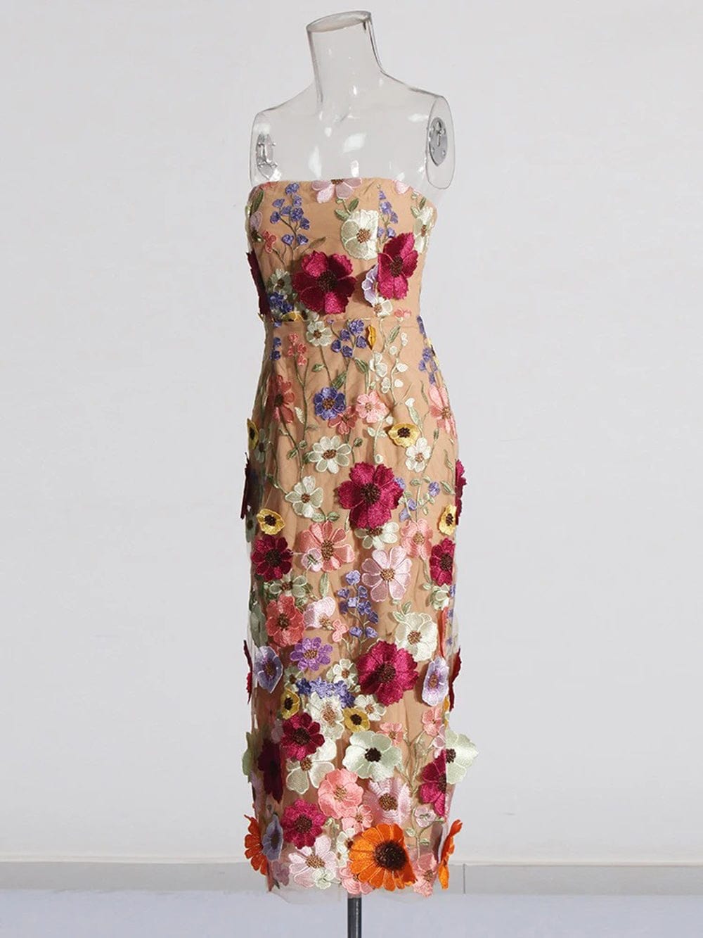 3D Floral Applique Strapless Bodycon Midi Dress 9