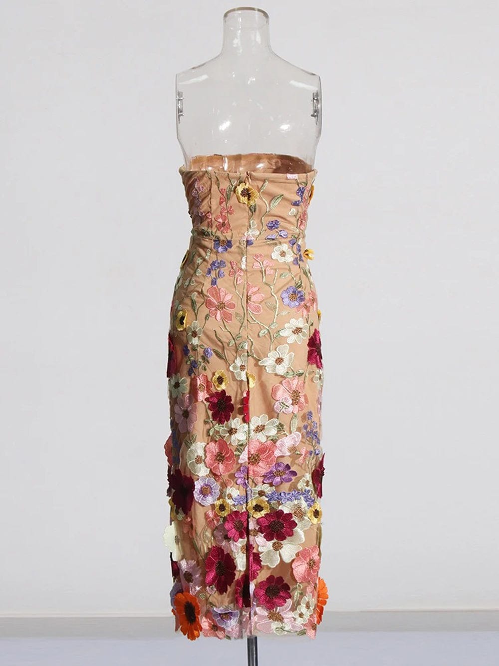 3D Floral Applique Strapless Bodycon Midi Dress 8