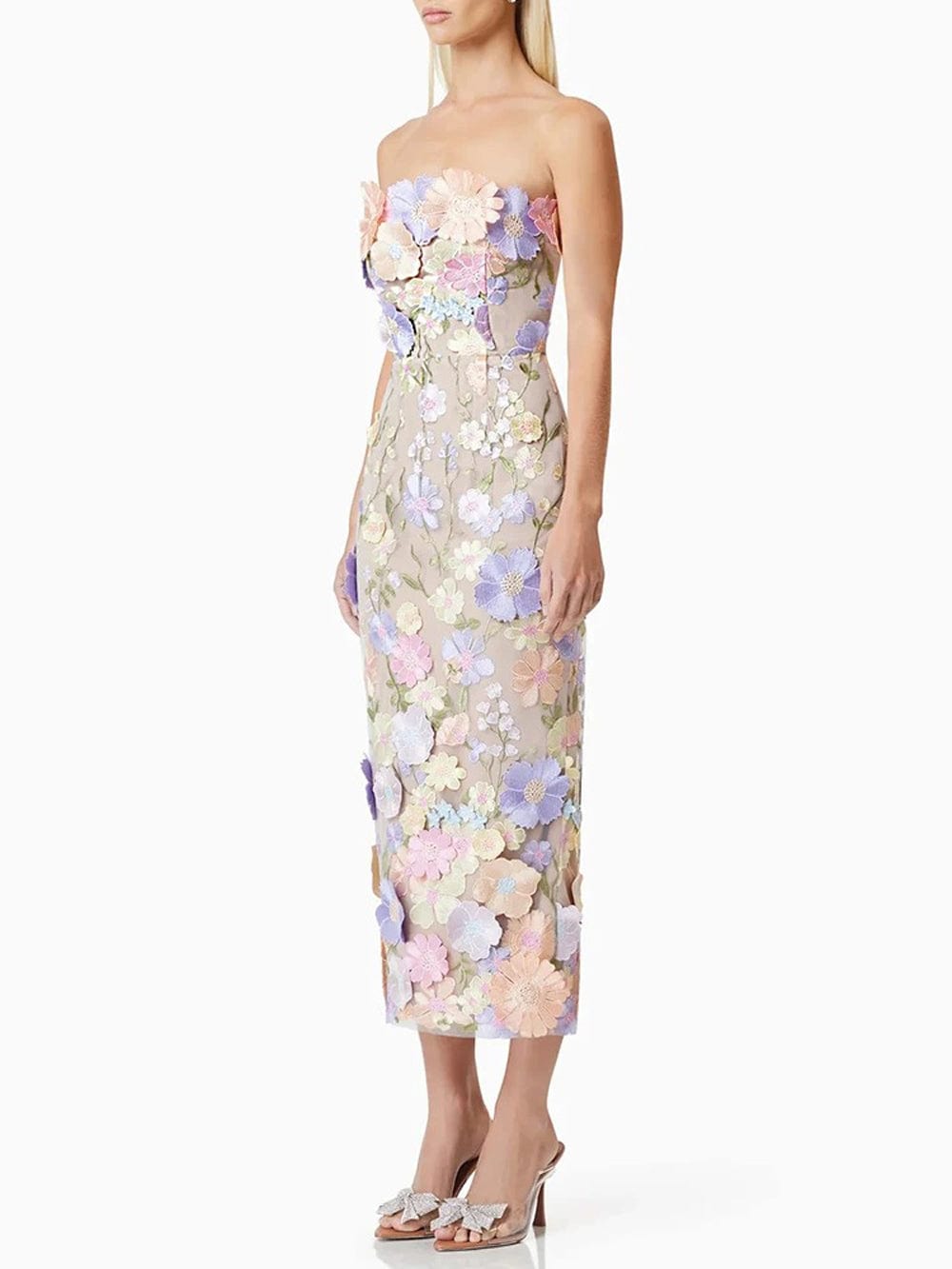 3D Floral Applique Strapless Bodycon Midi Dress 3