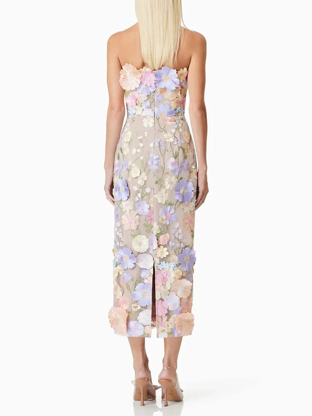3D Floral Applique Strapless Bodycon Midi Dress 2