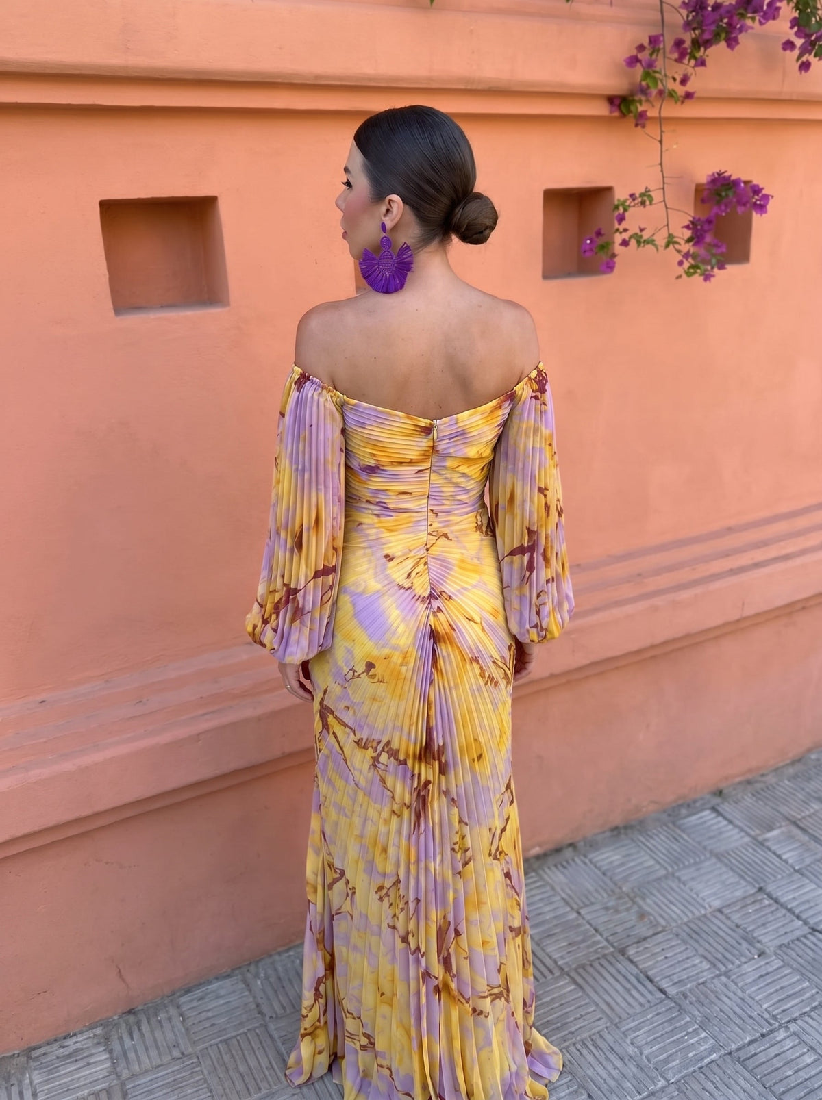 V-Neck Pleated Rhinestone Bishop Sleeve High Slit Maxi Gown 4