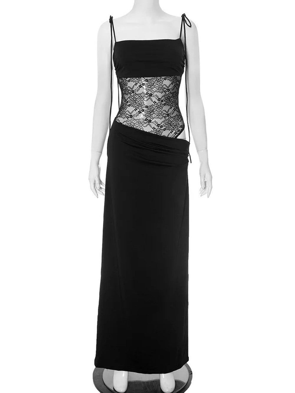 Black Lace Corset Spaghetti Strap Square Neck Cut Out Bodycon Maxi Dress 2