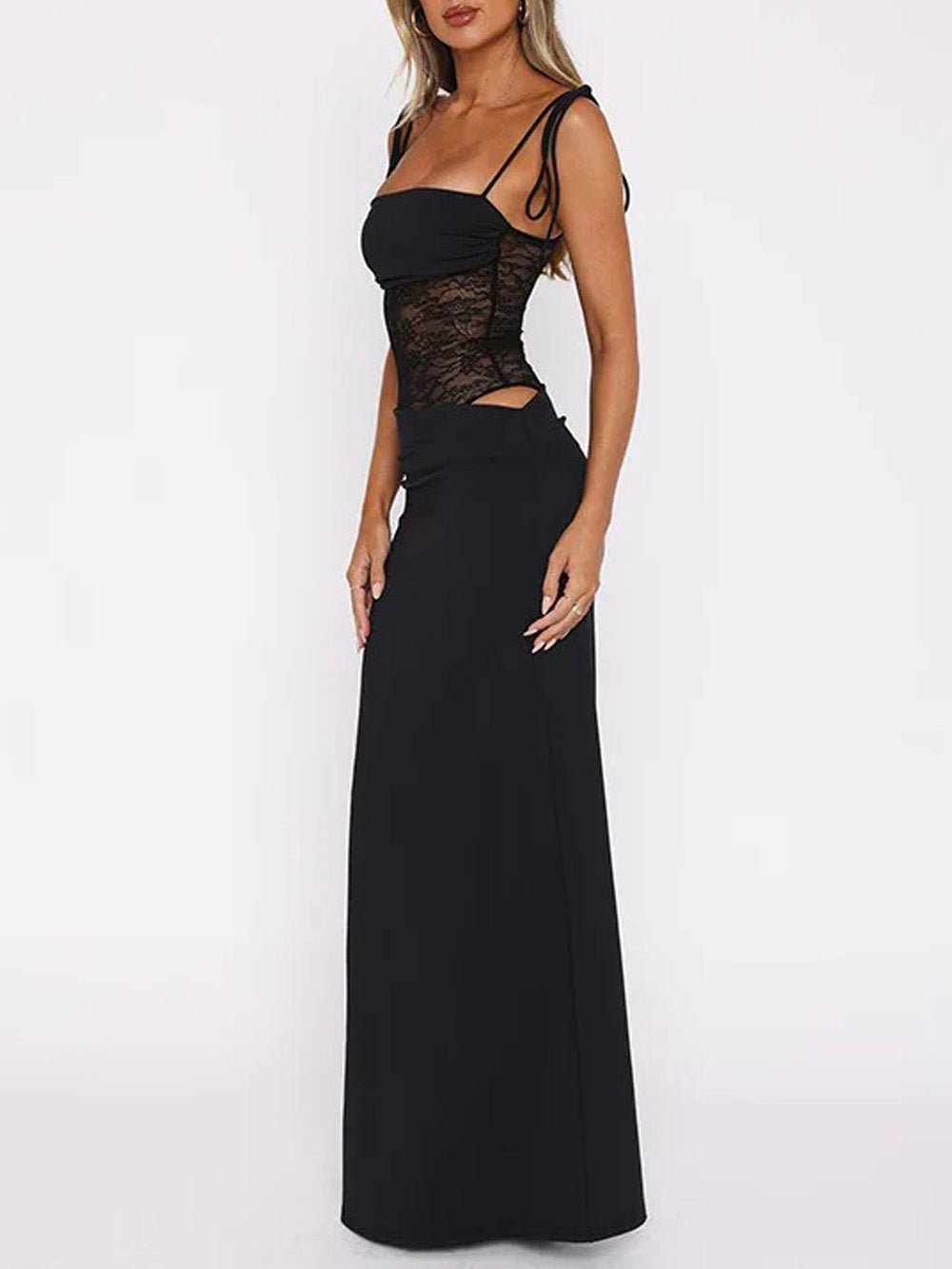 Black Lace Corset Spaghetti Strap Square Neck Cut Out Bodycon Maxi Dress 4