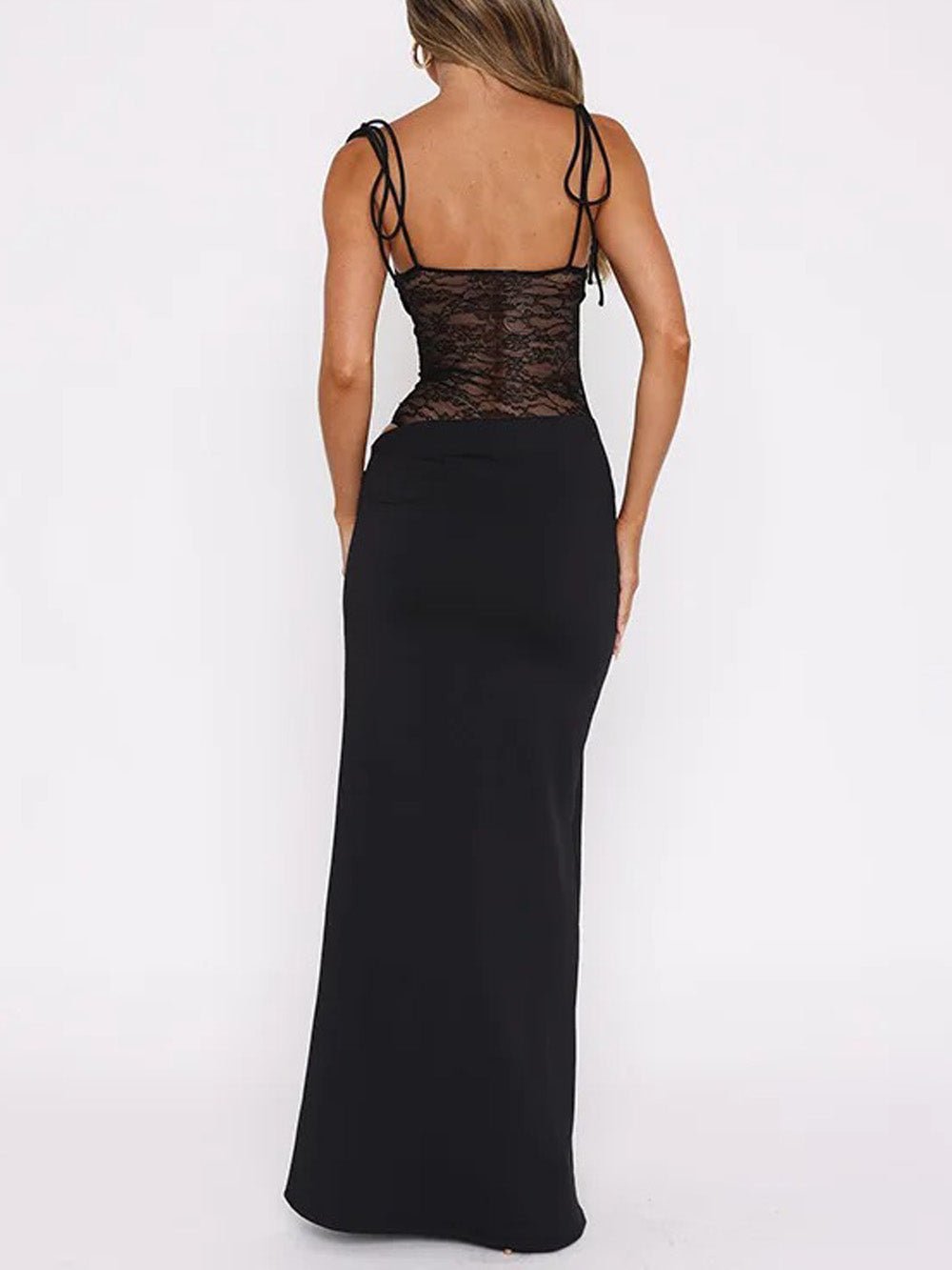 Black Lace Corset Spaghetti Strap Square Neck Cut Out Bodycon Maxi Dress 3