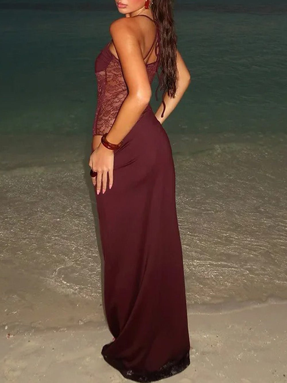 Red Lace Corset Spaghetti Strap Square Neck Cut Out Bodycon Maxi Dress 4
