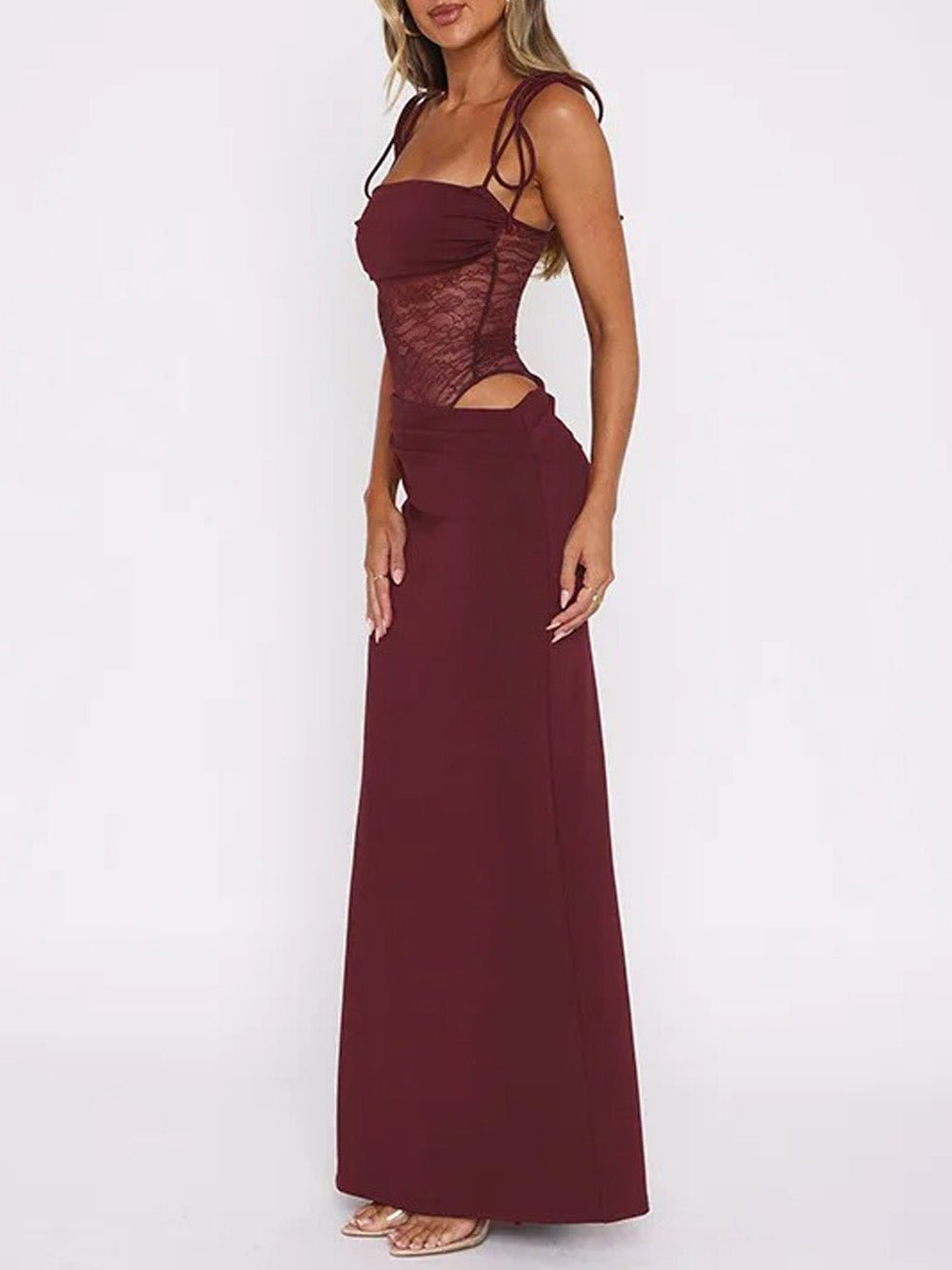 Red Lace Corset Spaghetti Strap Square Neck Cut Out Bodycon Maxi Dress 2