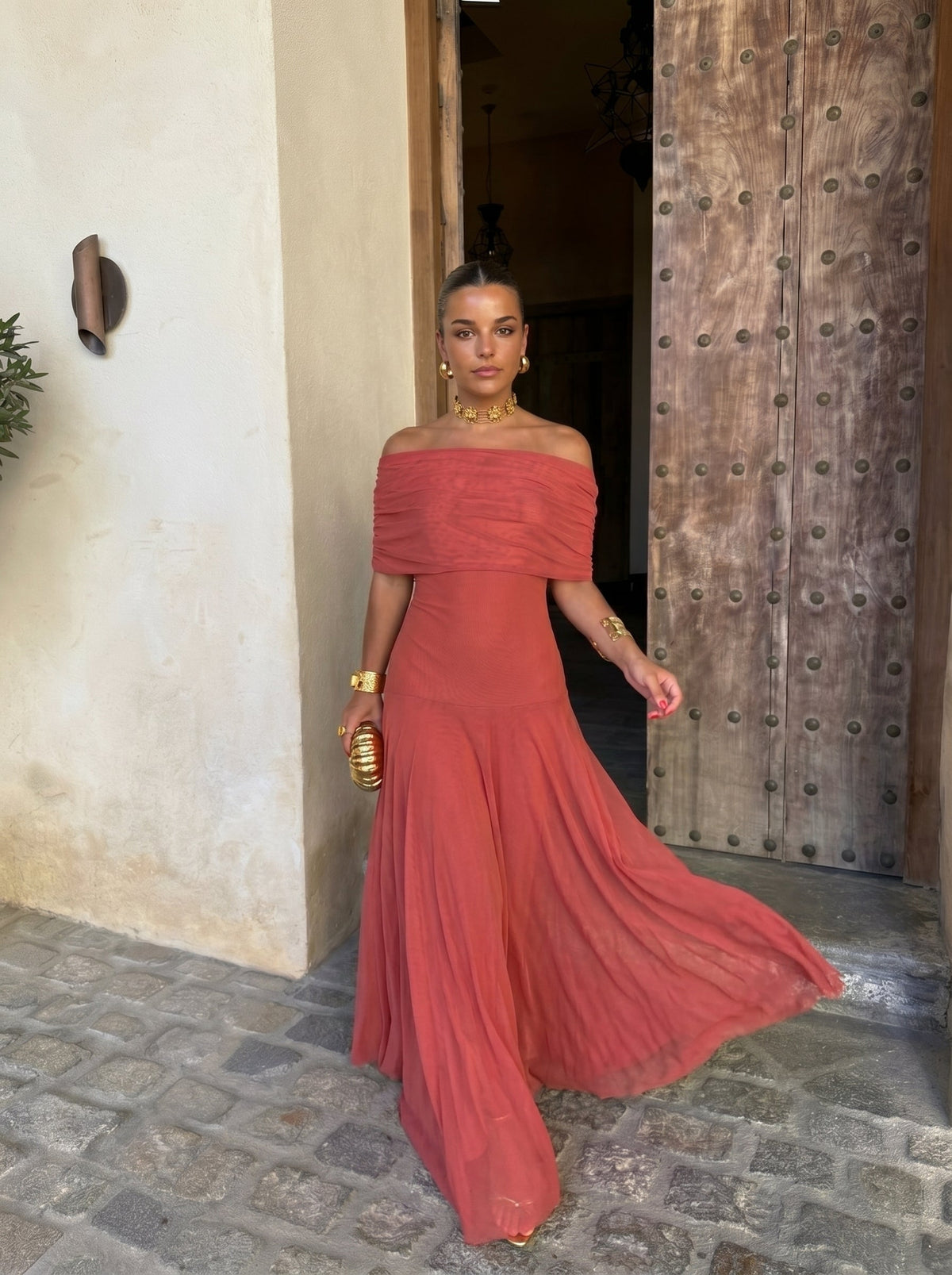 Off-Shoulder Draped Ruched Chiffon Flowy A-Line Maxi Gown 2