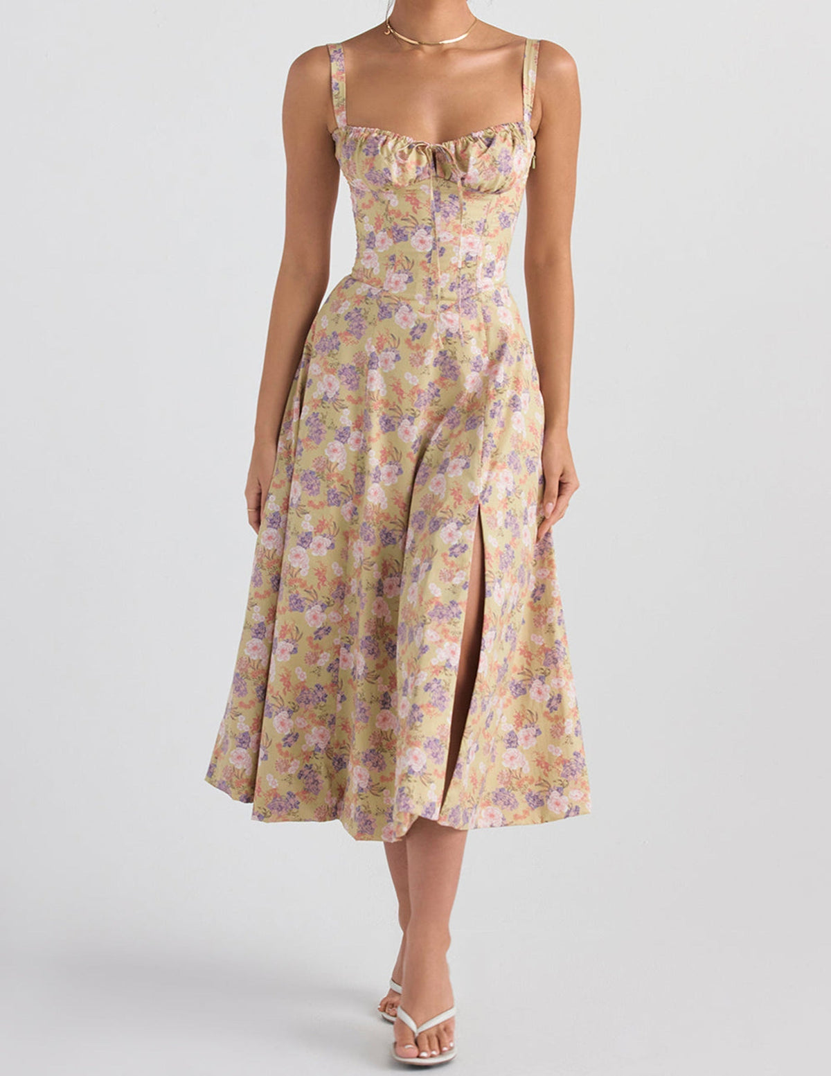 Sweetheart Neck Floral Print Corset Strap High Slit Midi Dress 7