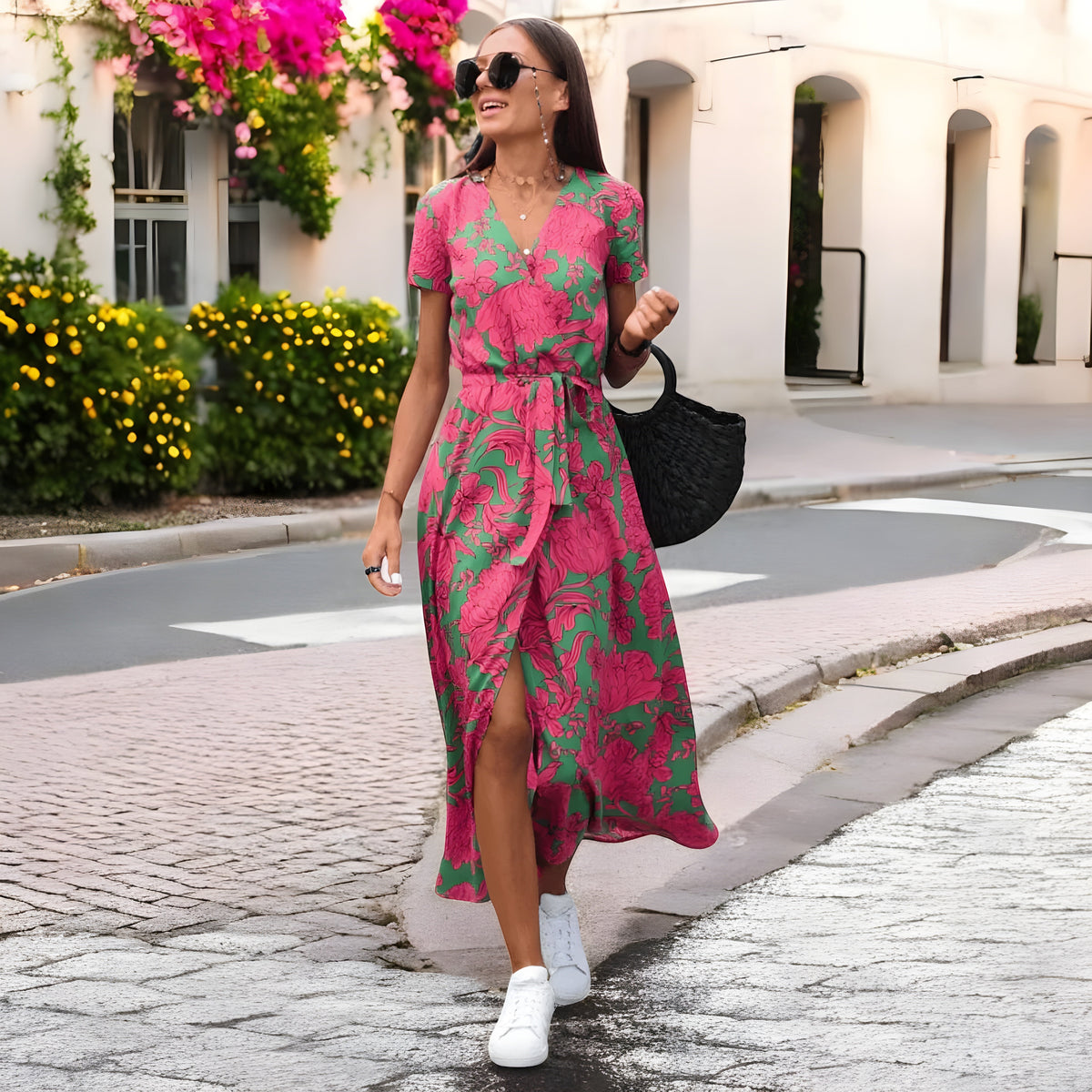 V-Neck Floral Print Tie Waist Wrap Side Slit Maxi Dress