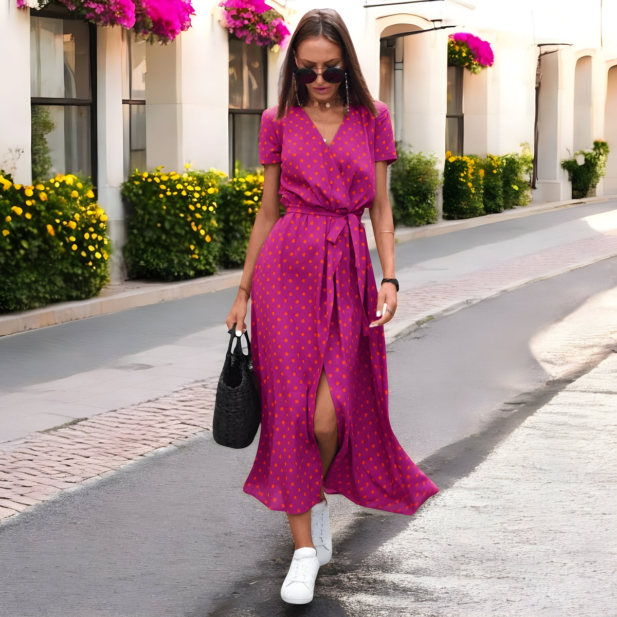 V-Neck Floral Print Tie Waist Wrap Side Slit Maxi Dress 4