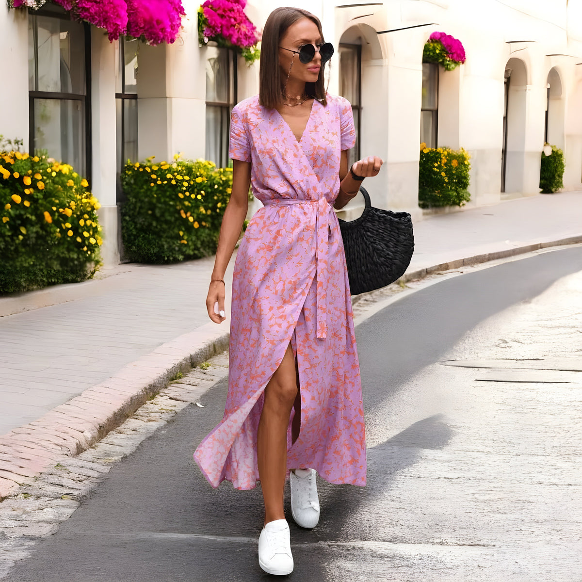 V-Neck Floral Print Tie Waist Wrap Side Slit Maxi Dress 5