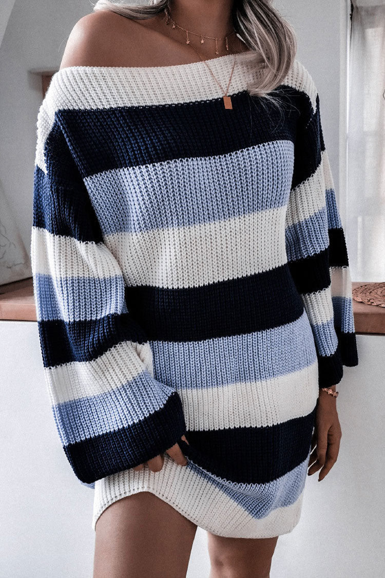 Blue Boat Neck Long Sleeve Striped Oversized Knit Sweater Mini Dress