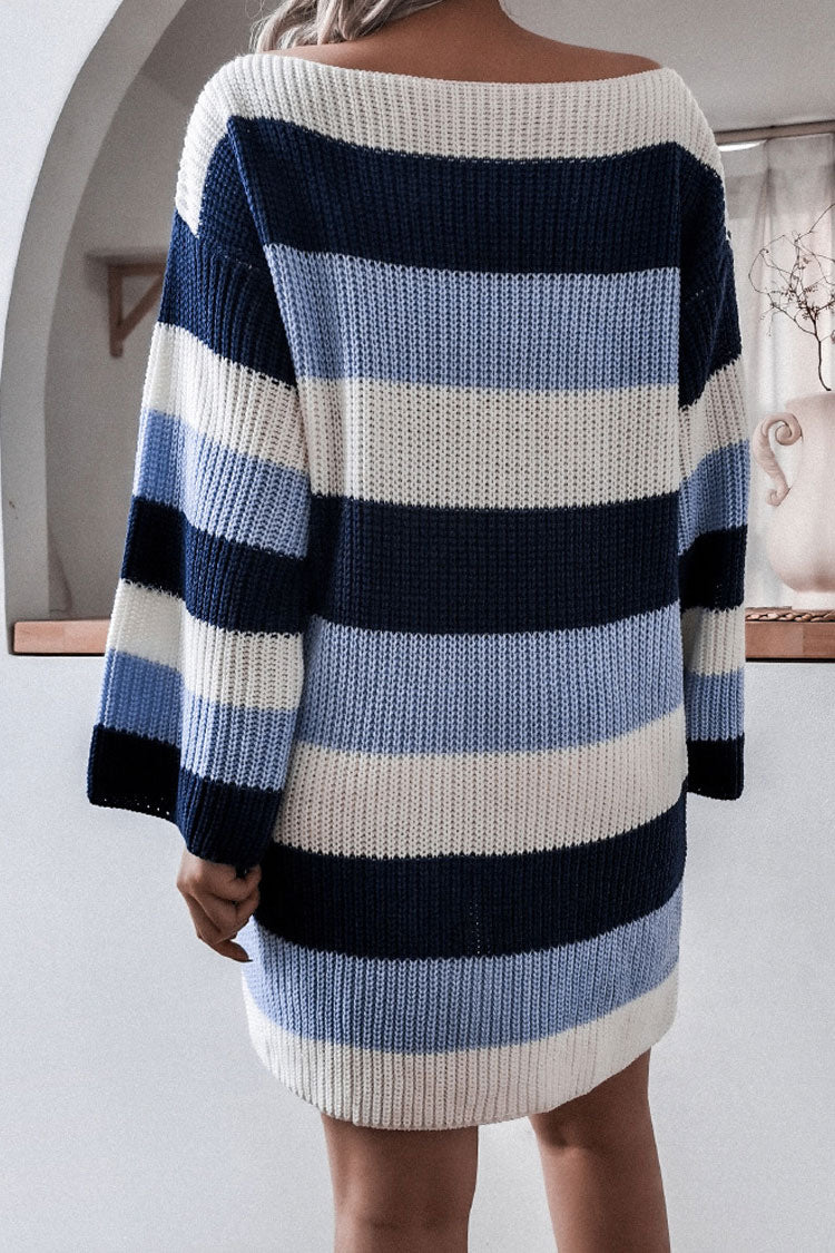 Blue Boat Neck Long Sleeve Striped Oversized Knit Sweater Mini Dress