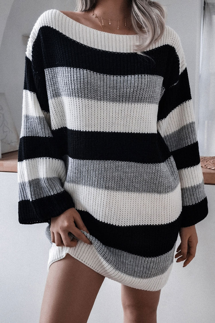 Black Boat Neck Striped Oversized Long Sleeve Sweater Mini Dress