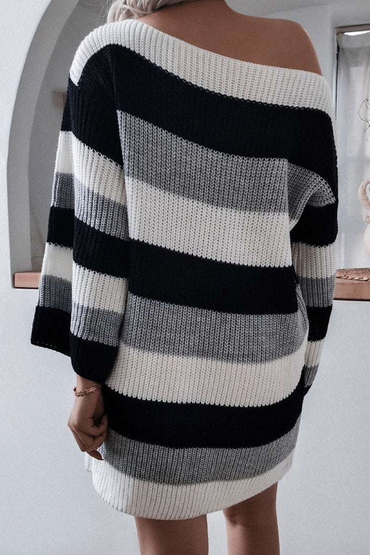 Black Boat Neck Striped Oversized Long Sleeve Sweater Mini Dress