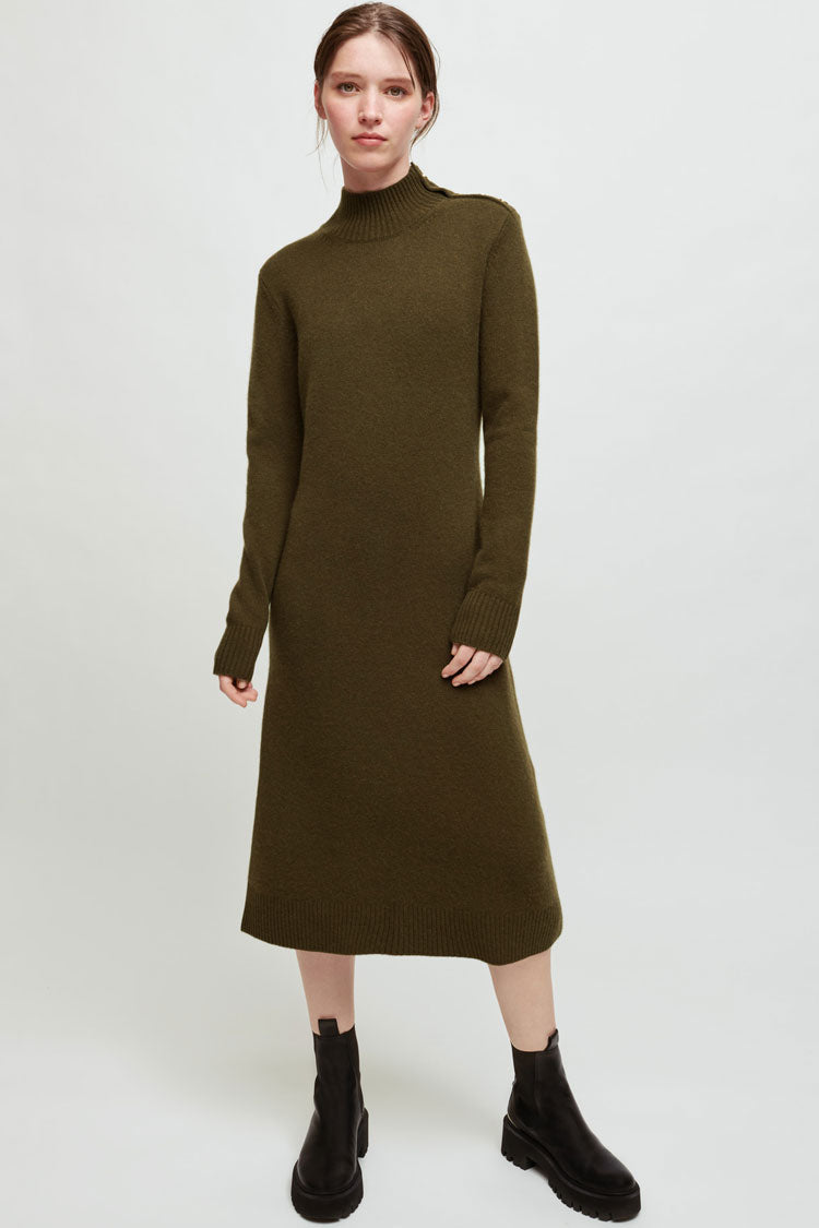 Green Mock Neck Long Sleeve Knit Sweater Midi Dress