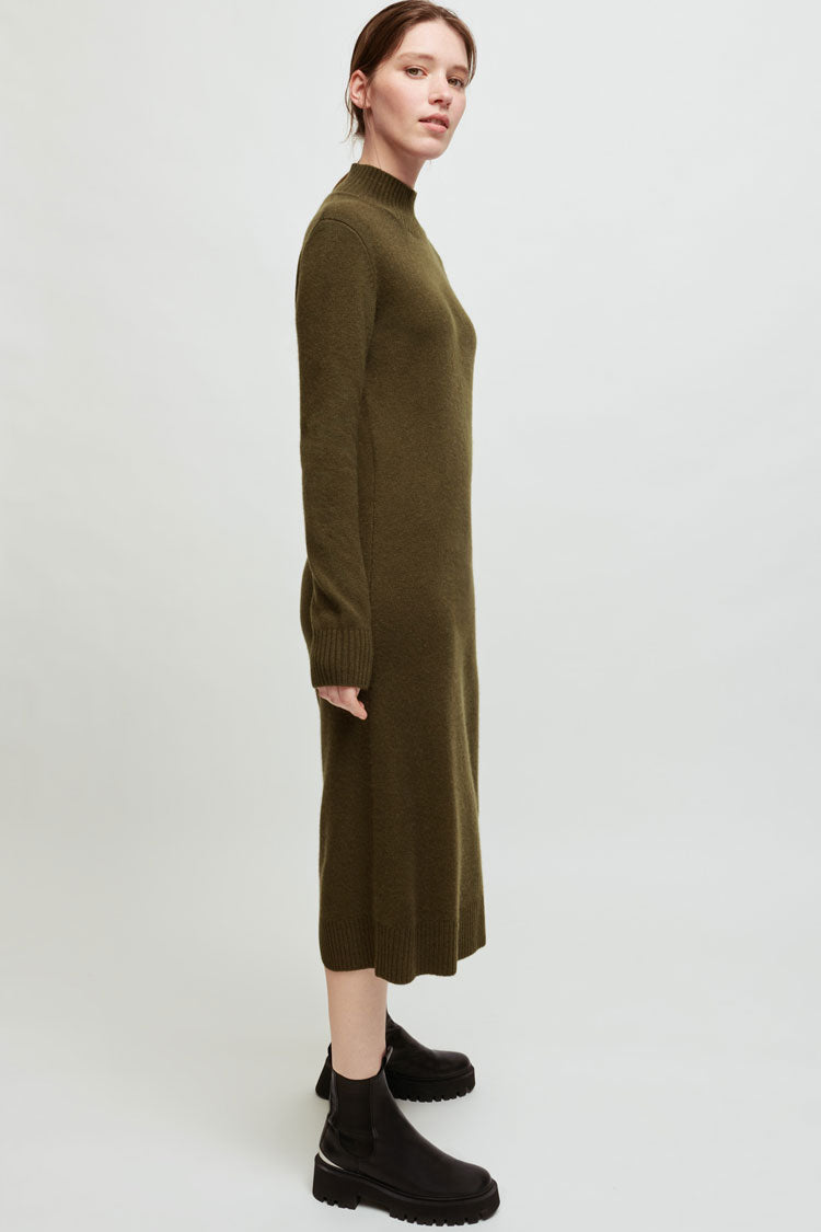 Green Mock Neck Long Sleeve Knit Sweater Midi Dress