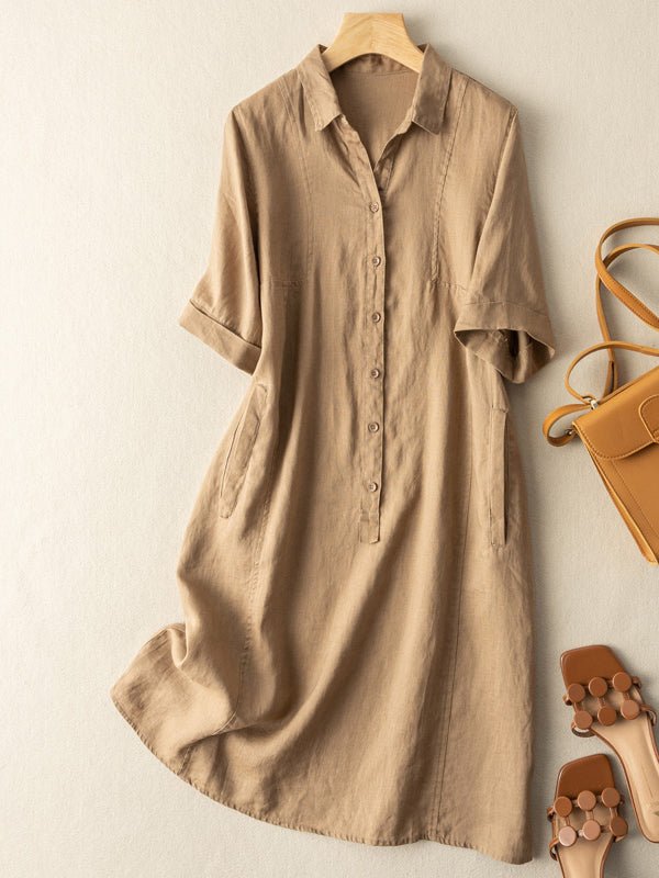 Casual Linen Lapel Shirt Dress Short Sleeve - Omychic