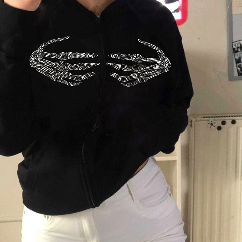 Black Rhinestone Skeleton Zip Front Drawstring Long Sleeve Hoodie