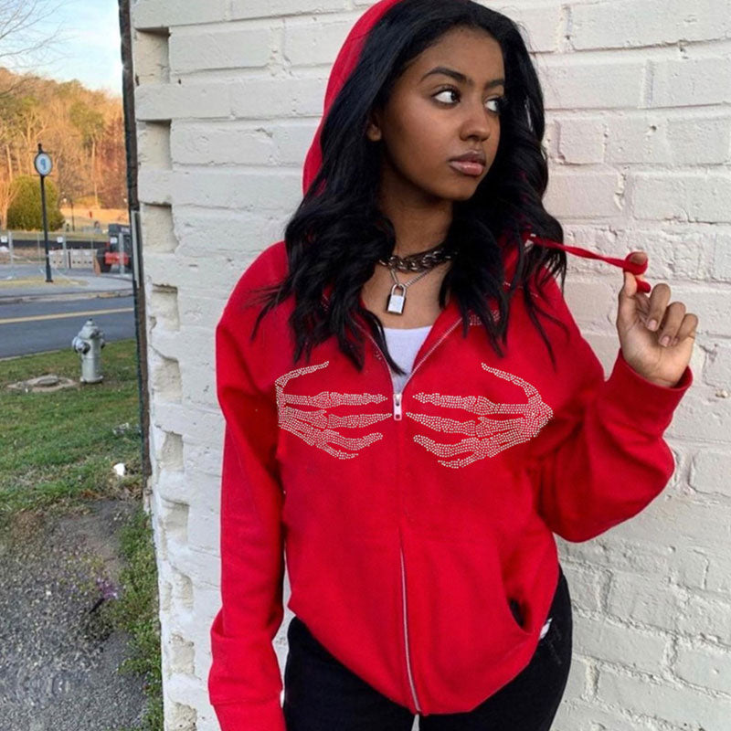 Red Rhinestone Skeleton Zip Front Drawstring Long Sleeve Hoodie