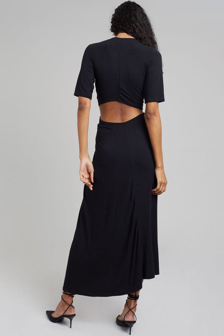 Black Round Neck Short Sleeve Ruched Twist Front Cutout Maxi Dress