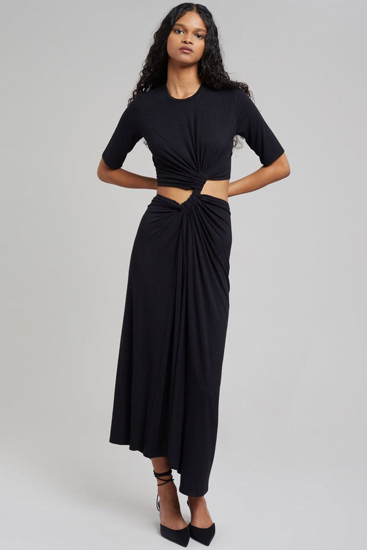 Black Round Neck Short Sleeve Ruched Twist Front Cutout Maxi Dress