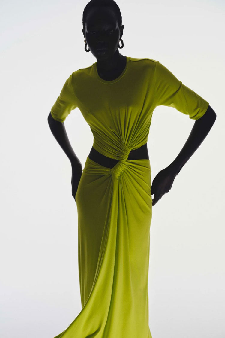 Lime Green Round Neck Short Sleeve Ruched Twist Front Cutout Maxi Dress